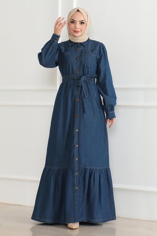 Rüschen Detailed Denim Kleid Dunkelblau