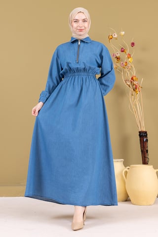 Mit Reißverschluss Elastischer Bund Denim Kleid Hellblau
