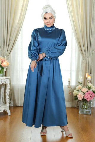 Perlen Satin Abendkleid Indigo