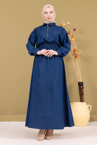 Mit Reißverschluss Elastischer Bund Denim Kleid Dunkelblau