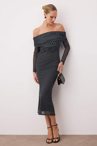 Schwarzes, gepunktetes, langes, schickes/nachtsfarbenes Fischkleid für Damen