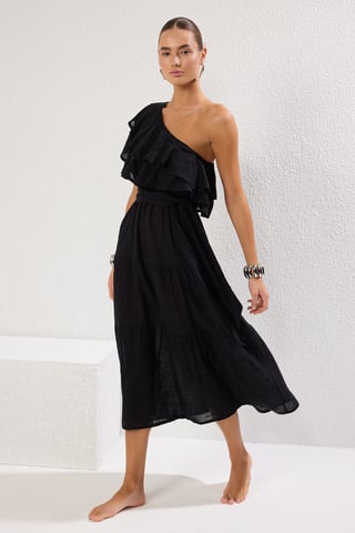 Schwarzes, schlichtes Maxikleid mit Spaghettiträgern für Damen, figurbetont, ideal für den Strand.