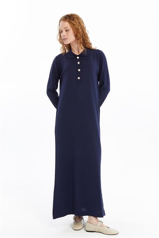 Damen Hemd Kragen Detailed Halbplacket Thin Seasonal Cold Yarn Strickwaren Kleid Marineblau