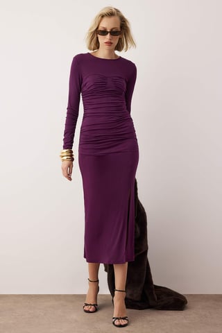 Lila Unifarbenes, mittellanges, elegantes/figurbetontes Kleid für Damen