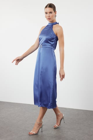 Damen Blau Unifarben Midi Ärmelloses Figurbetontes Abschluss- / Ballkleid