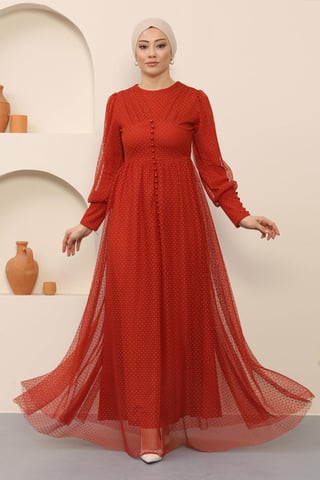 Knopf Detailed Tüll Abendkleid Ziegelrot