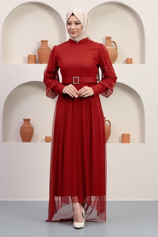 Tüll Abendkleid With Stein Gürtel, Ziegelrot