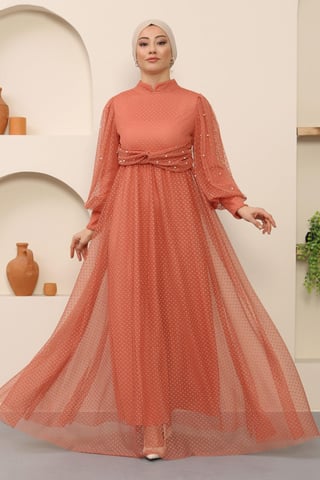 Perlen Detailed Tüll Abendkleid Lachs