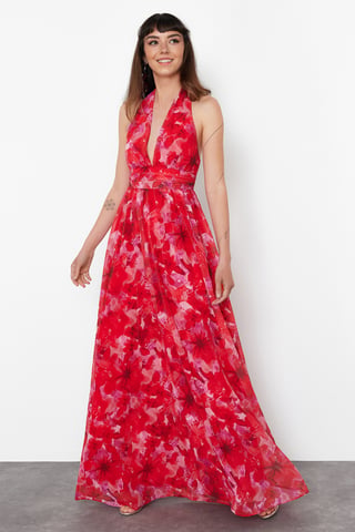 Damen-Abendkleid mit Blumenmuster, Standard-Spaghettiträgern, schmaler Passform, geeignet für Abschlussball und Abiball