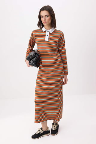 Gestreiftes, langes Maxikleid für Damen, lässig/alltagstauglich, A-Linie, Hijab-Stil