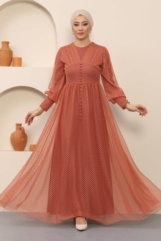 Knopf Detailed Tüll Abendkleid Lachs