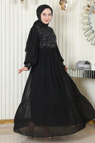 Pailletten Chiffon Abendkleid Schwarz