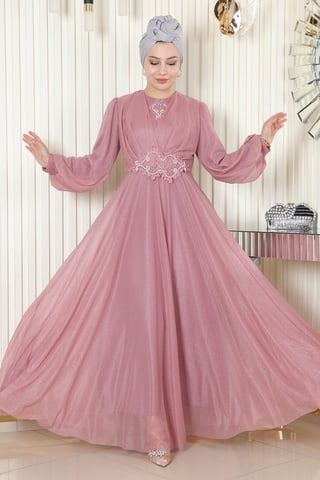 Perlen Detailed Drapiert Glitter Abendkleid Altrosa