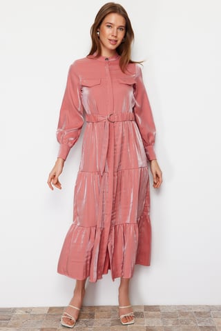 Langes, elegantes, schlichtes, modisches Kleid in Rosa, Unifarben, reguläre Passform