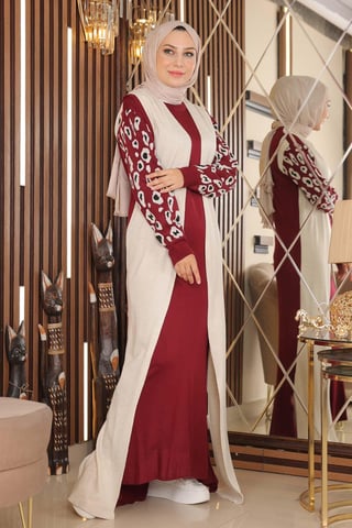 Gemustert Sleeve Strick Kleid Burgunderrot