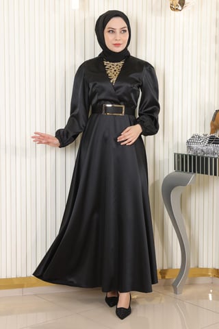 Stein Detailed Satin Abendkleid Schwarz
