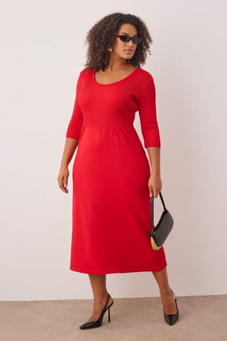 Curve Damen Unifarben Midi Dreiviertelärmel Lässiges A-Linien-Kleid in Übergrößen
