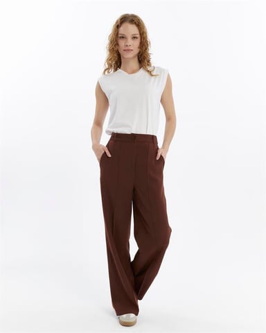 Damen Doppelt Krepp Grasnaht Detailed Tasche Palazzo-Hose Braun