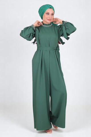 Perlen Detailed Jumpsuit-Kleid Smaragdgrün
