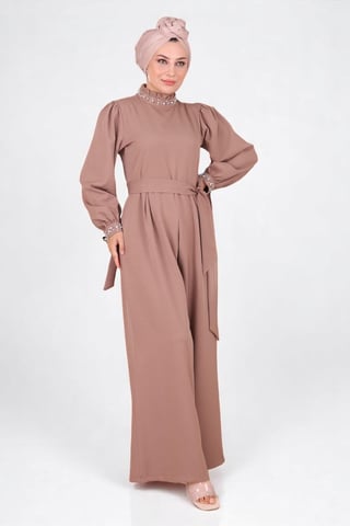 Perlen Detailed Jumpsuit-Kleid Nerz