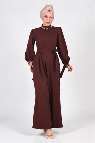 Perlen Detailed Jumpsuit-Kleid Braun