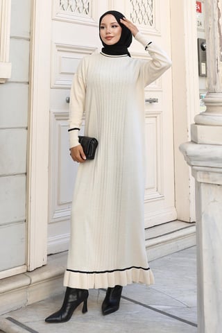 Stein Detailed Cuff Strick Kleid Weiß