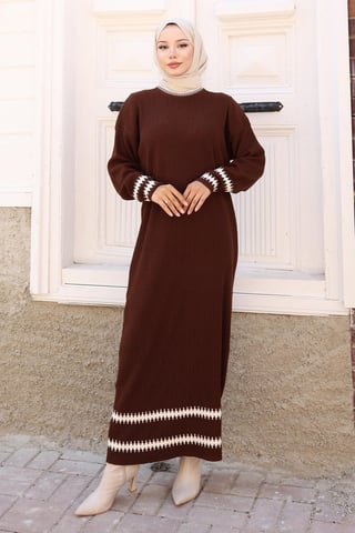 Gemustert Strick Kleid Braun