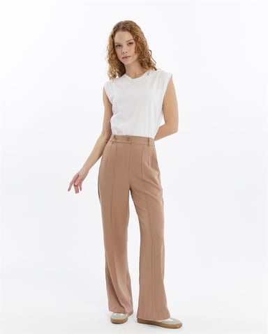Damen Doppelt Krepp Grasnaht Detailed Tasche Palazzo-Hose Nerz