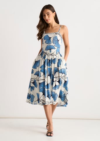 Blaues Cami-Kleid aus Leinenmischung mit Blumenmuster
