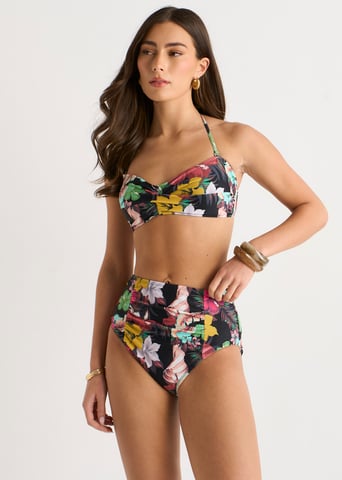 Bikini-Oberteil mit tropischem Blumenmuster und gedrehter Vorderseite