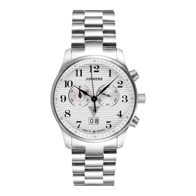 Junkers 6686M-1 Herren-Quarzuhr, 42 mm, weißes Zifferblatt, Edelstahlarmband, Datumsanzeige, Mineralglas, wasserdicht bis 10 ATM