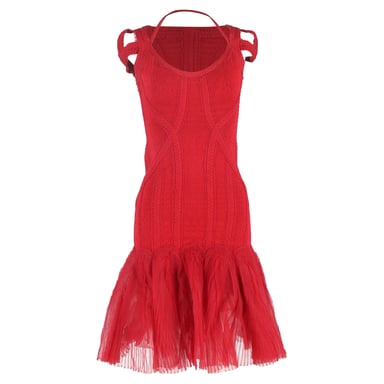 Herve Leger Strickkleid aus Tüll mit Bandagen-Midi-Absatz in roter Viskose