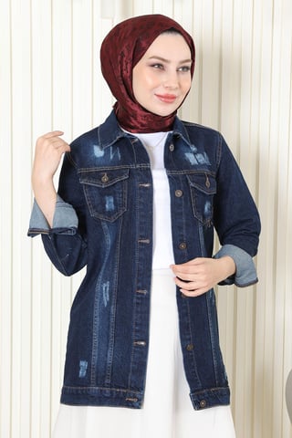 Geknöpft Denim Jacke Dunkelblau-Denim