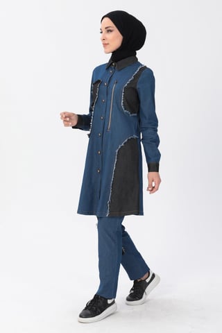 Reißverschluss Detail Hijab Denim-Outfit Dunkelblau