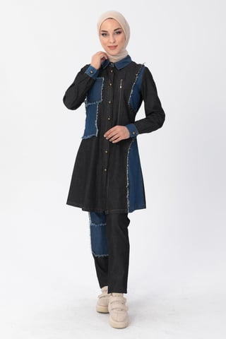 Reißverschluss Detail Hijab Denim-Outfit Schwarz