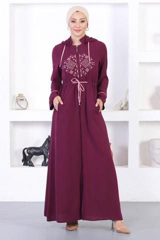 Bestickt Kapuze Abaya Pflaume