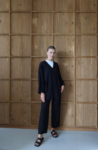 Knitterlook Textured Kimono Anzug Schwarz