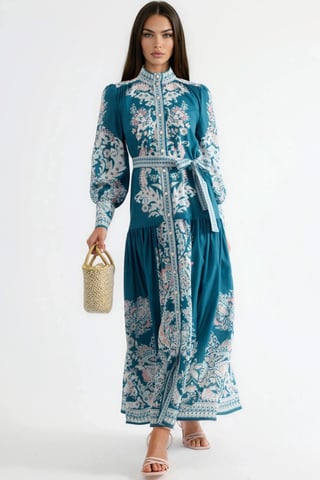 Maxikleid mit Stehkragen und Gürtel