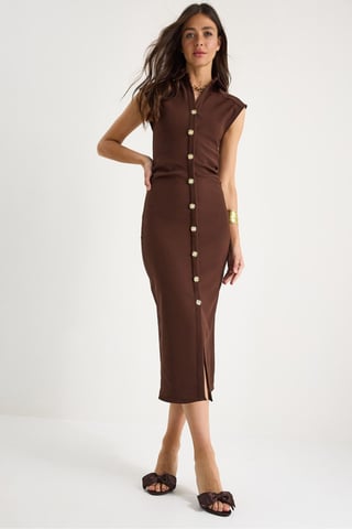 Schlankes Midi-Kleid mit Tippet-Kragen und Knopfverschluss