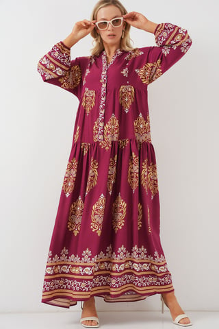 Muster Maxi-Kleid mit V-Ausschnitt und Knopfverschluss