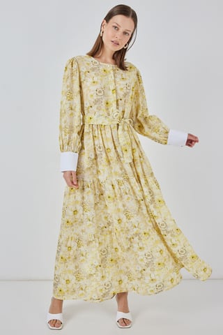 Viskose-Mischung gemustertes Maxikleid mit Knopfverschluss