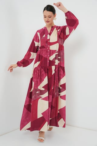Gedrucktes V-Ausschnitt Maxikleid mit Knopfverschluss