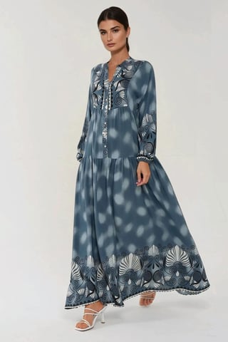 Bedrucktes Langarm-Viskose-Maxi-Kleid