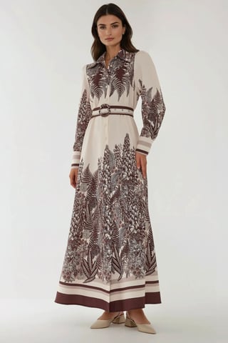 Bedrucktes Maxikleid mit langen Ärmeln und Gürtel