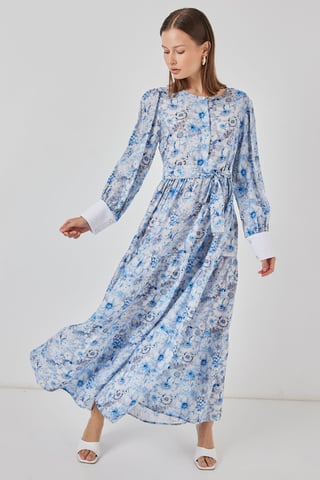 Viskose-Mix gemustertes Maxikleid mit Knopfverschluss