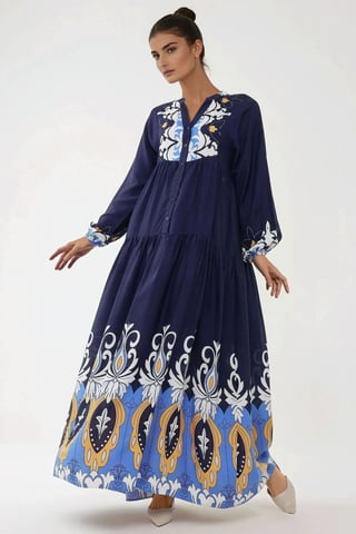 Bedrucktes Langarm-Viskose-Maxi-Kleid