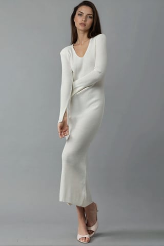V-Ausschnitt Strukturierte Maxi-Strickkleid mit Schlitz