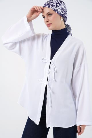 Leinenmischung Langarm-Kimono mit Bindedetail