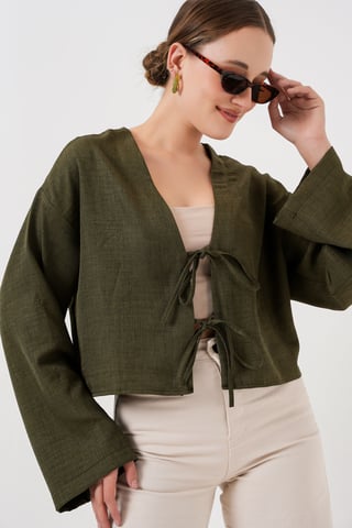 Viskose-Mischung V-Ausschnitt Langarm-Kimono mit Bindungsdetails