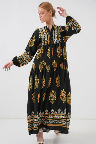 Bedrucktes V-Ausschnitt Maxikleid mit Knopfverschluss